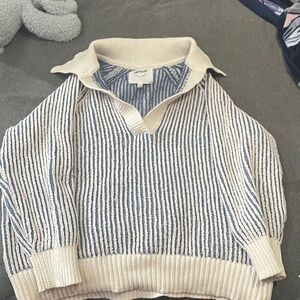 Aerie Blue and Cream Striped V-Neck Sweater